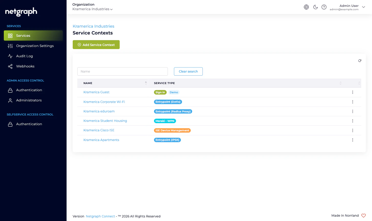 Service Contexts list table populated with one Sign In, two EntryPoint, one Meraki, one ISE Device Management Context