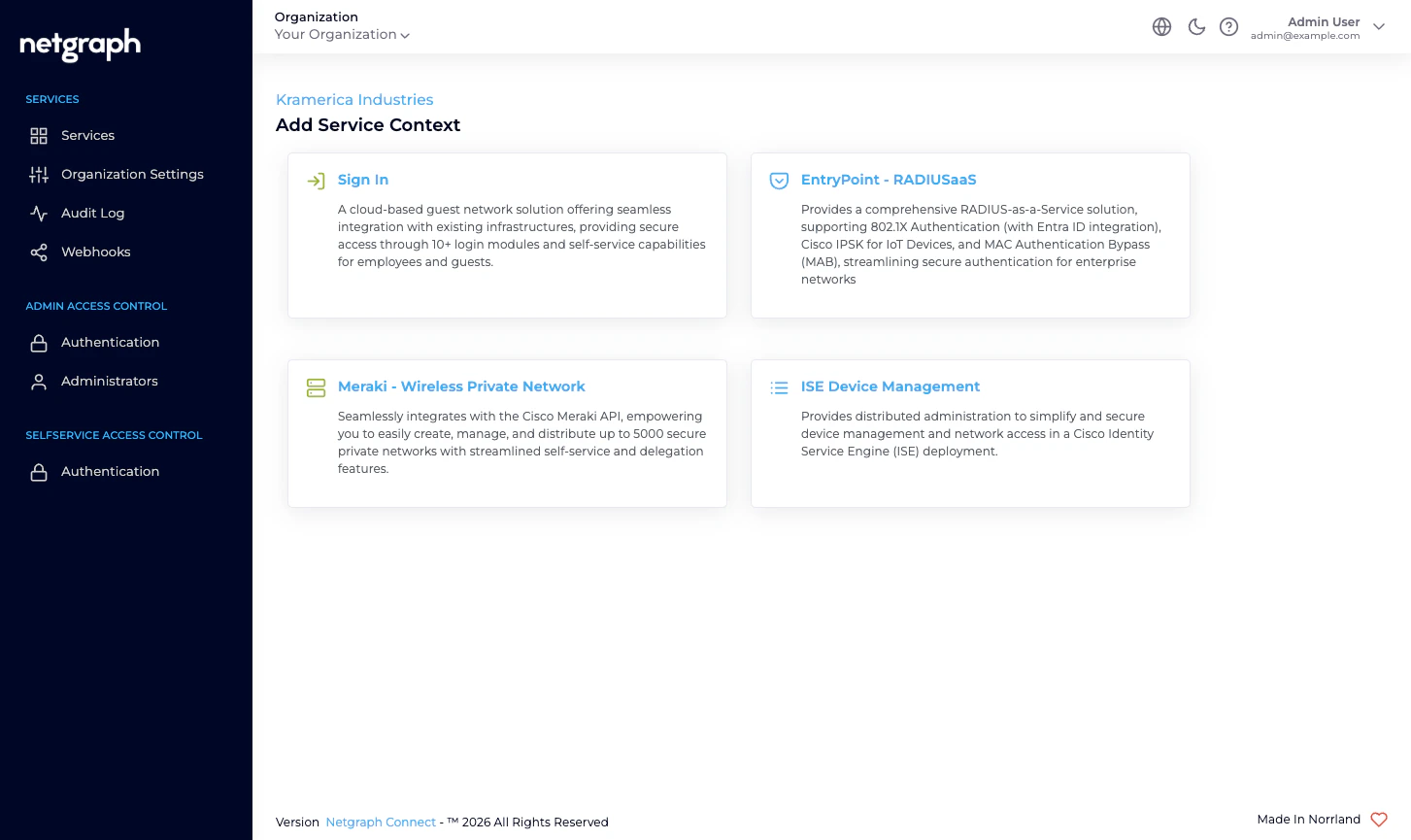 Add Service Context picker showing four cards: Sign In, EntryPoint - RADIUSaaS, Meraki - Wireless Private Network, ISE Device Management