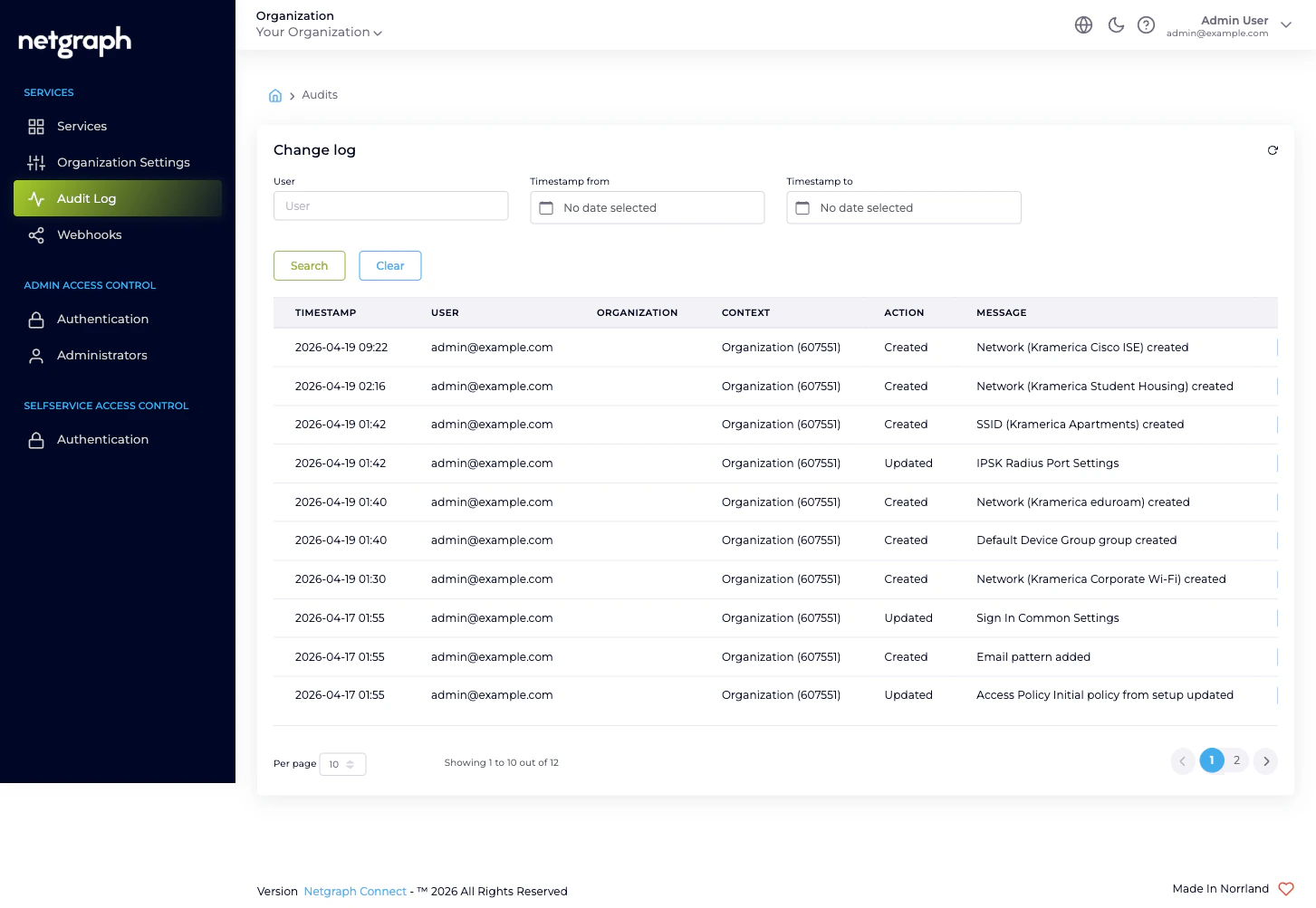 Change log page with filter bar and table populated with audit rows showing Created and Updated actions across Organization scope