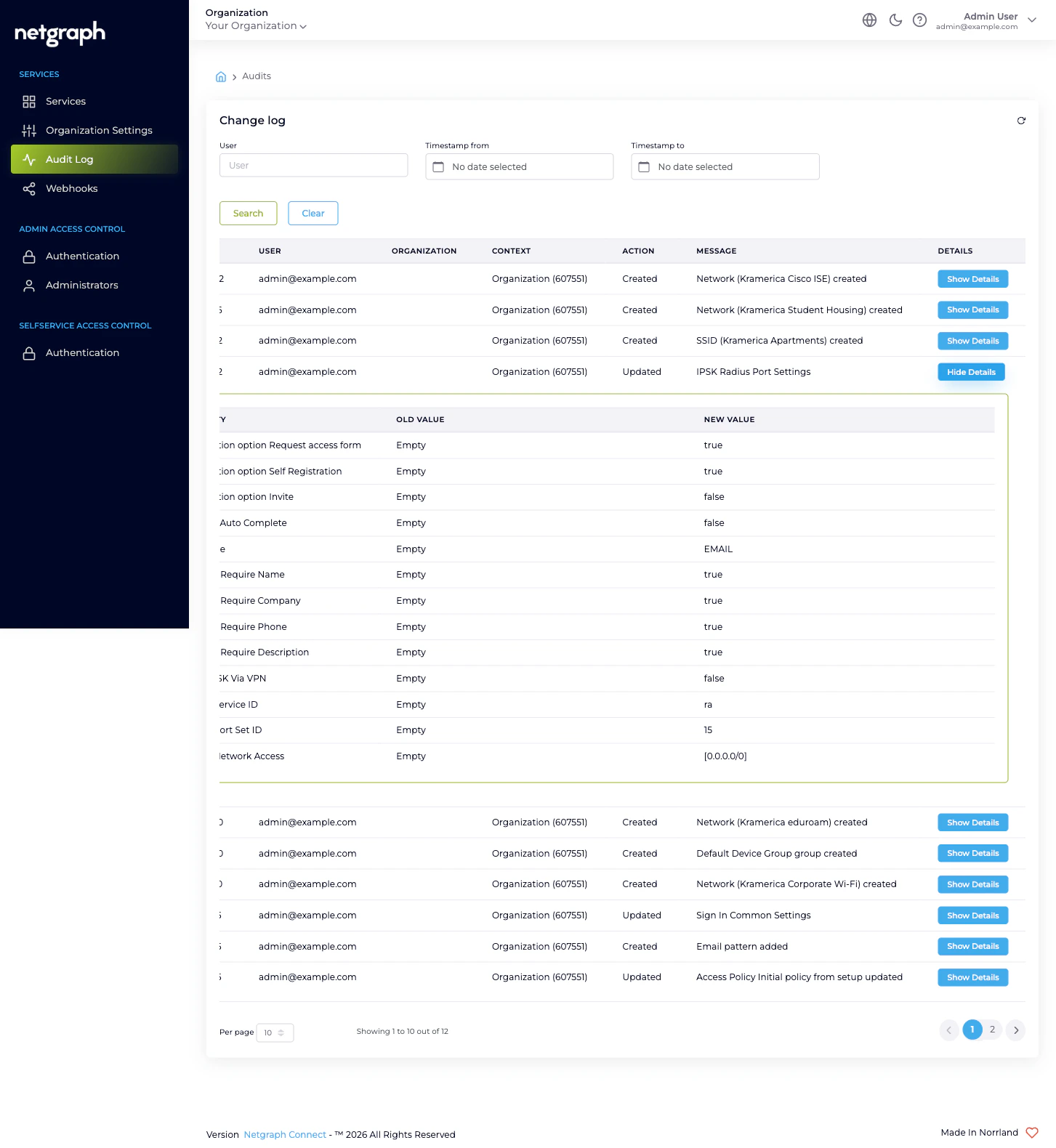 Audit row expanded showing Property, Old Value, and New Value columns with multiple rows including IPSK Type Empty to EMAIL and other settings