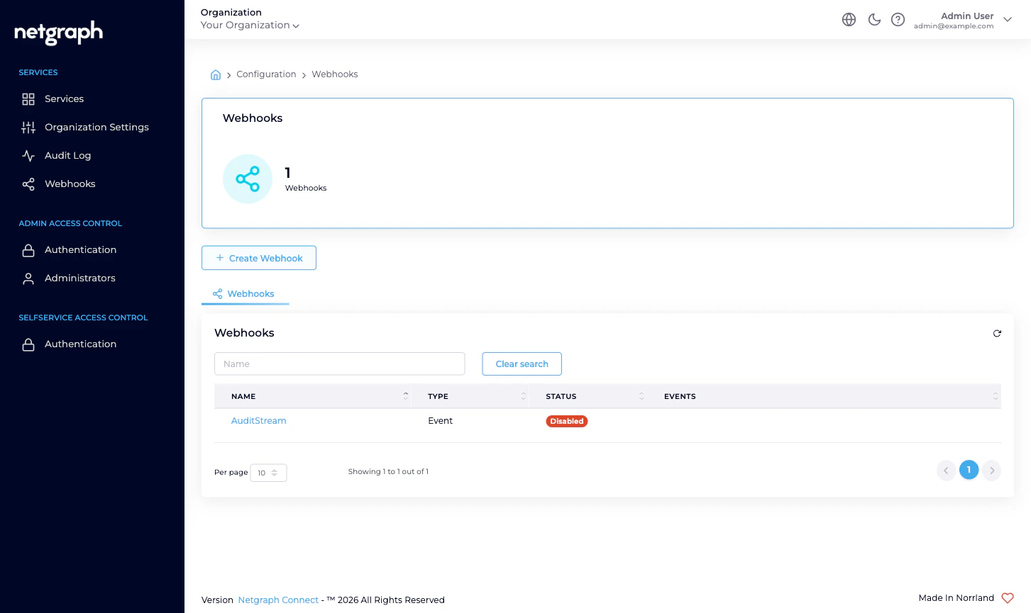 Webhooks list with Name Type Status Events columns showing two webhook rows