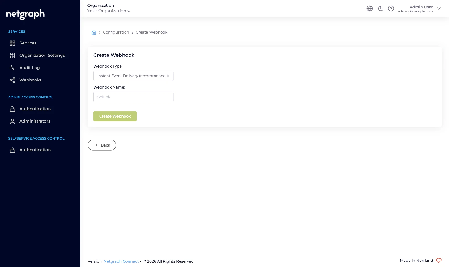 Create Webhook form with Webhook Type dropdown showing Instant Event Delivery (recommended) and Batch Delivery options, plus Webhook Name field