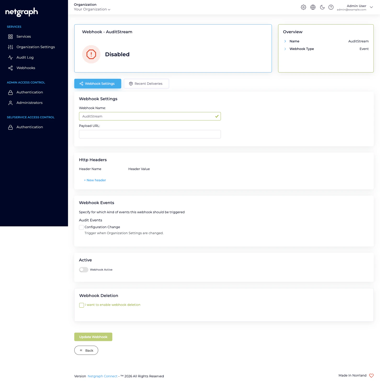 Webhook configuration detail page showing Webhook Settings tab content with Webhook Name, Payload URL, Http Headers, Webhook Events with single Configuration Change checkbox, Active toggle and Webhook Deletion sections