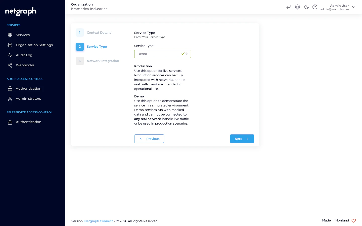 Service Type tab with Demo selected