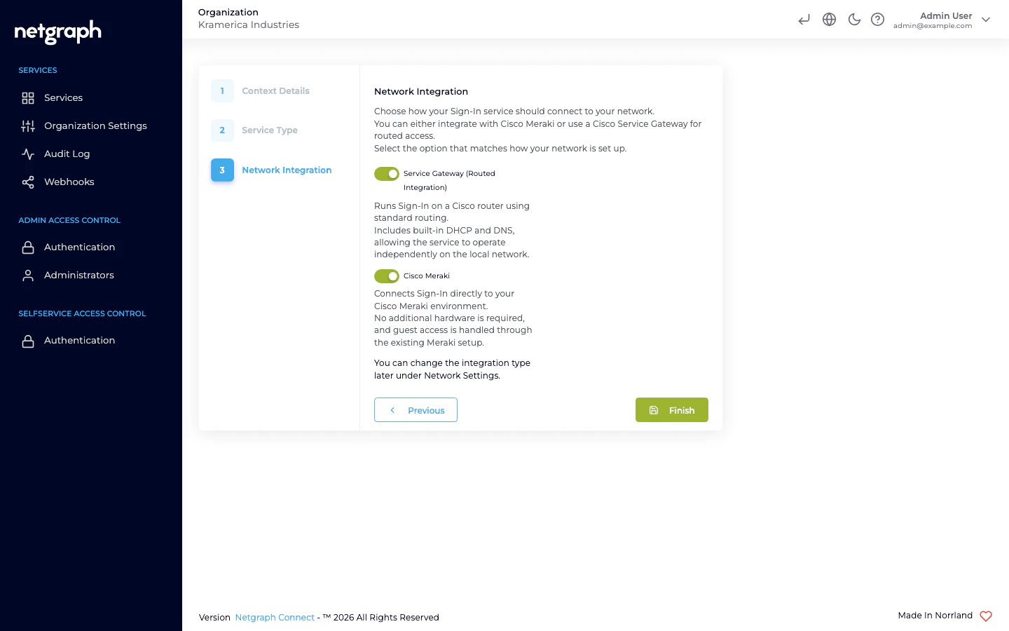 Network Integration tab with Service Gateway and Cisco Meraki enabled