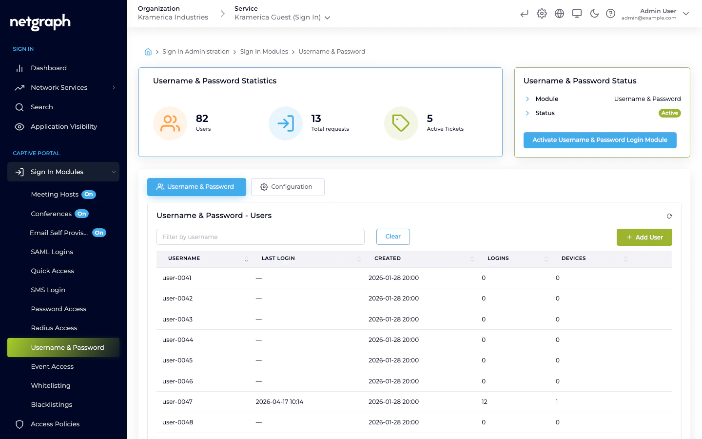 Username & Password module admin page