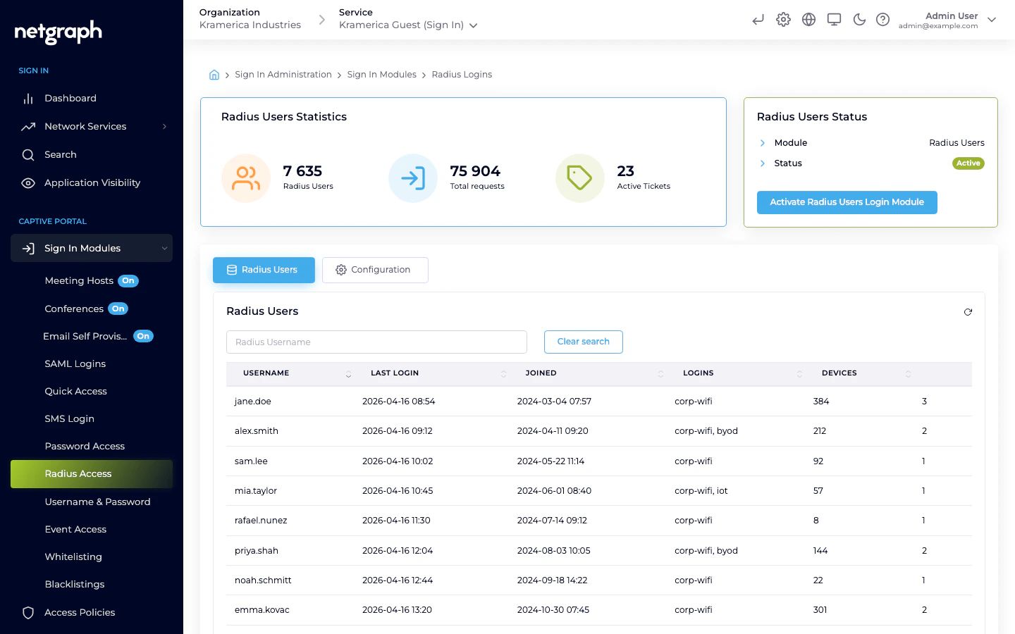 Radius Logins module admin page