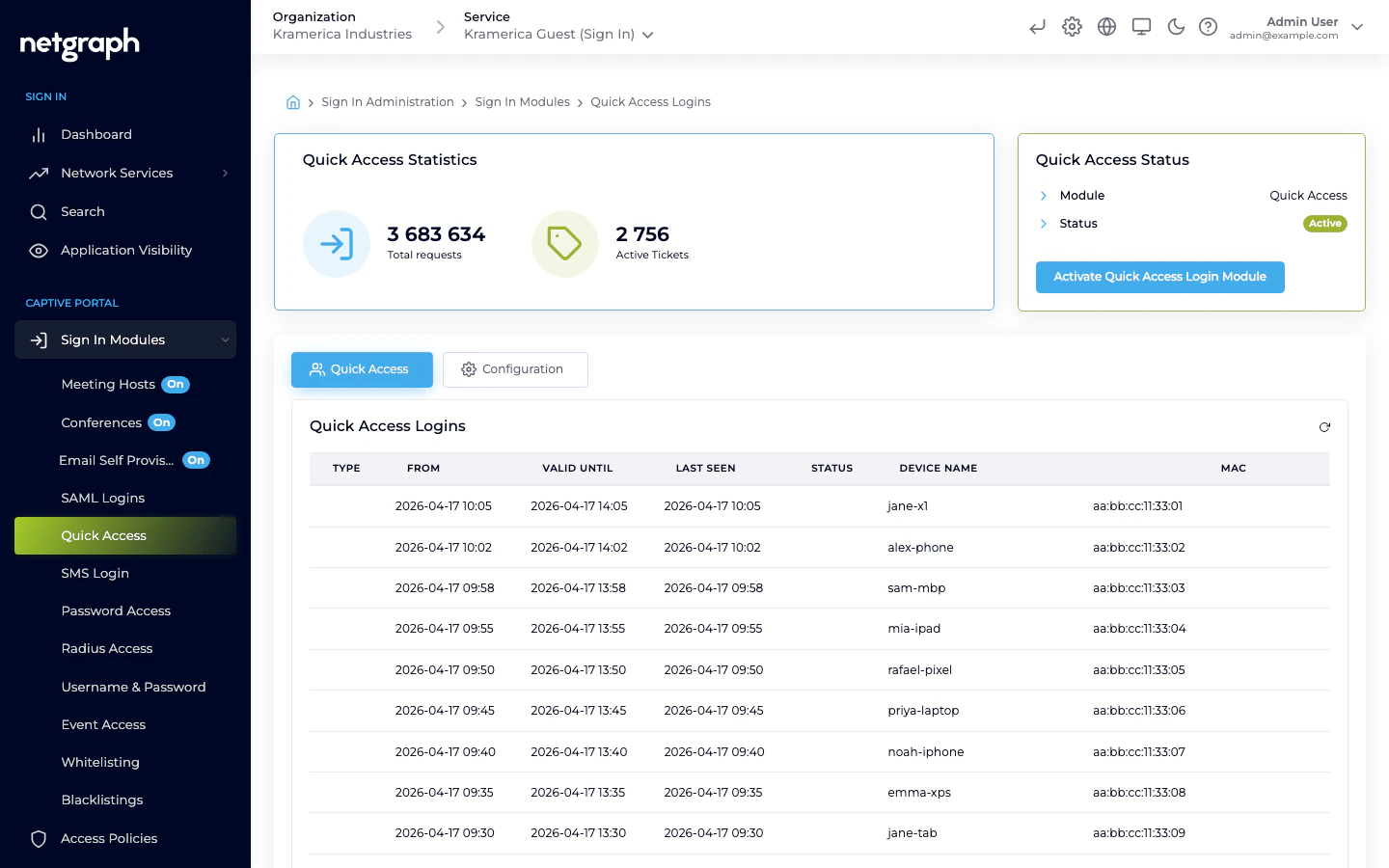 Quick Access module admin page