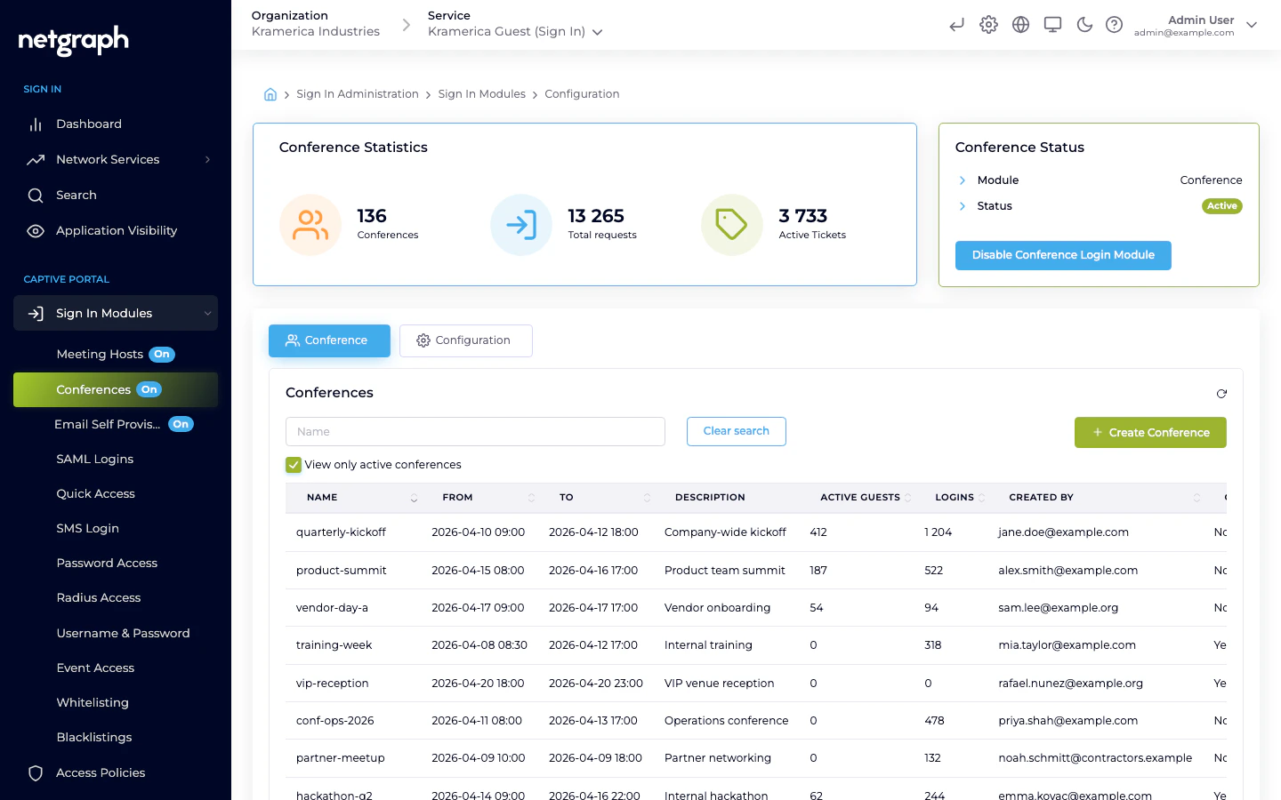 Conference module admin page