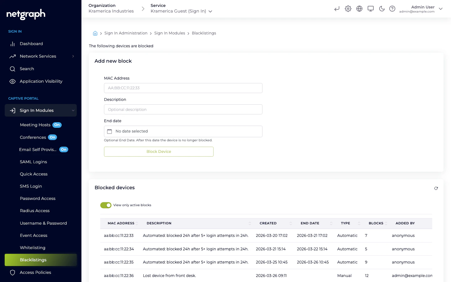 Device blocking admin page