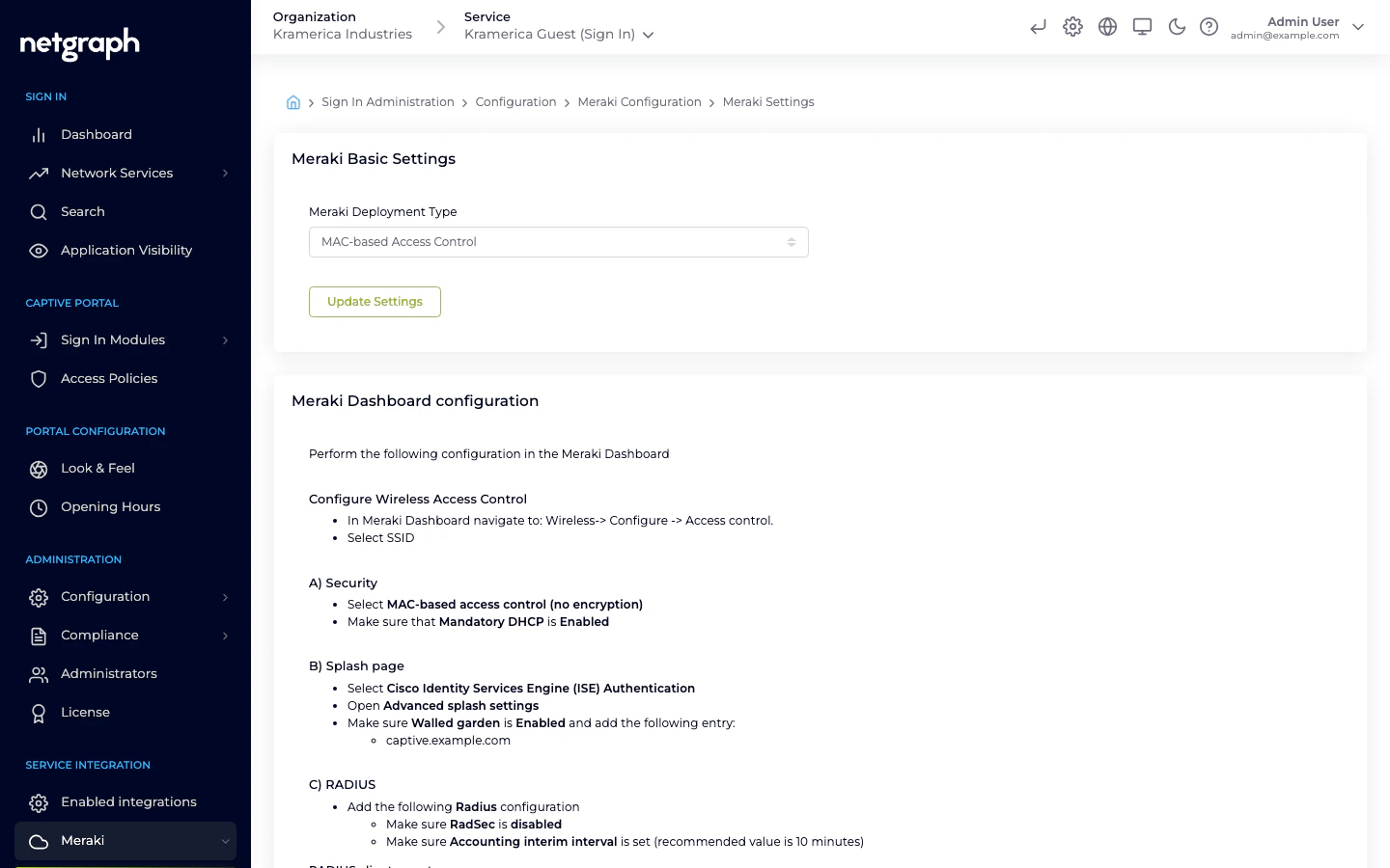 Meraki integration settings