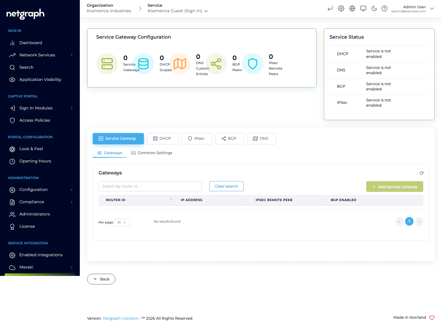 Service Gateway configuration view