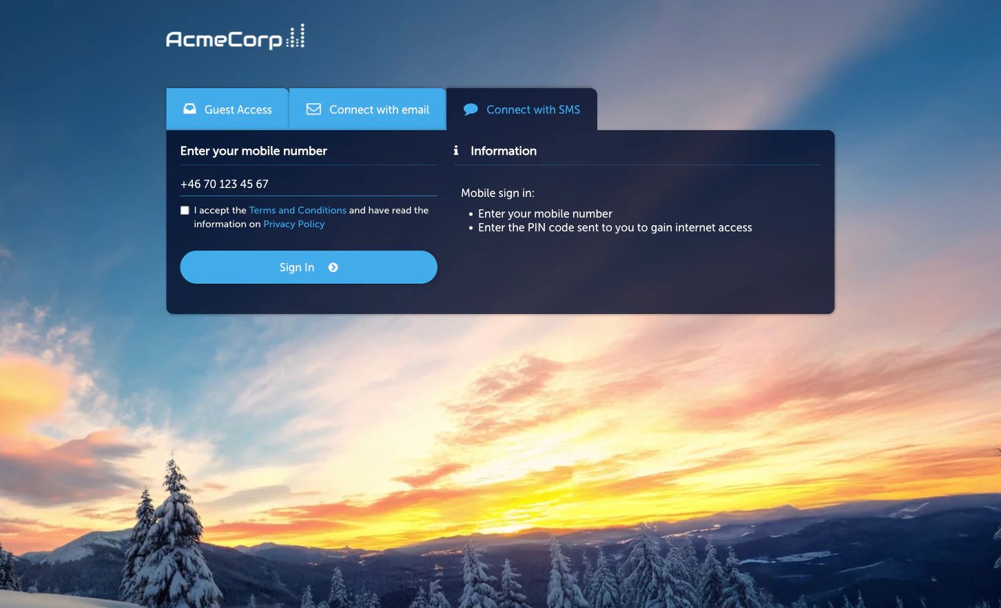 SMS login input on the Captive Portal
