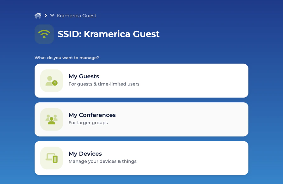 Self-Service view inside a Sign-In Context showing My Guests, My Conferences, and My Devices cards