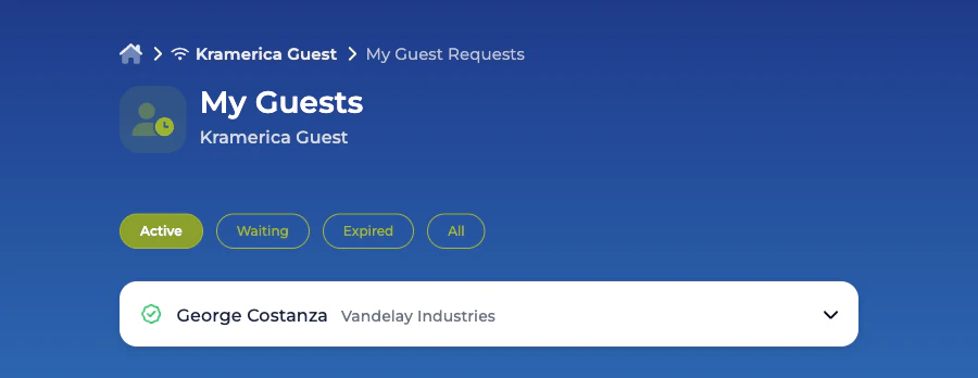 My Guests list showing an active verified guest request under the Active filter