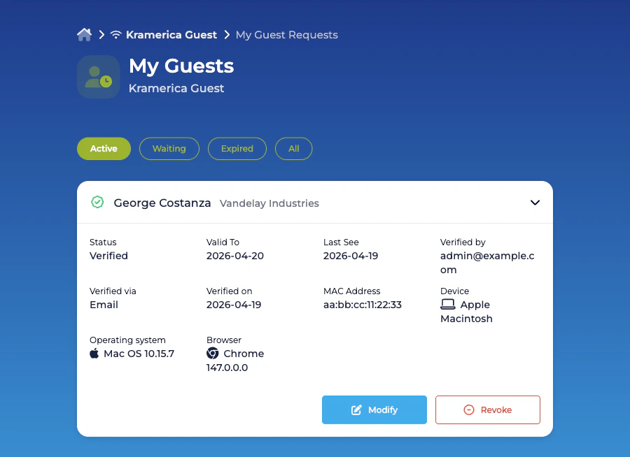 Expanded guest request with Status, Valid To, MAC Address, device info, and Modify and Revoke buttons