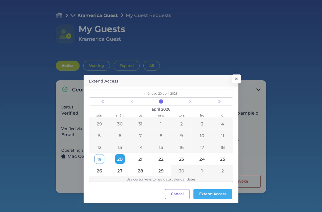 Extend Access modal with a calendar date picker and Extend Access submit button