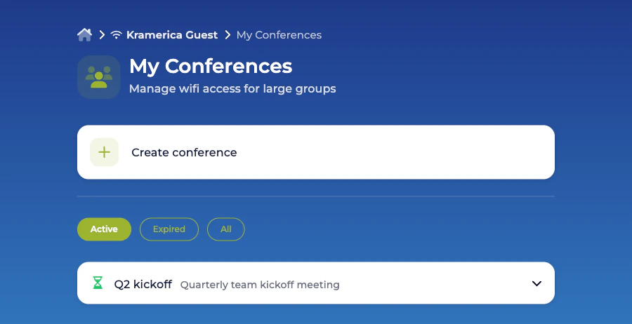 My Conferences view in the Self-Service Portal with one active conference