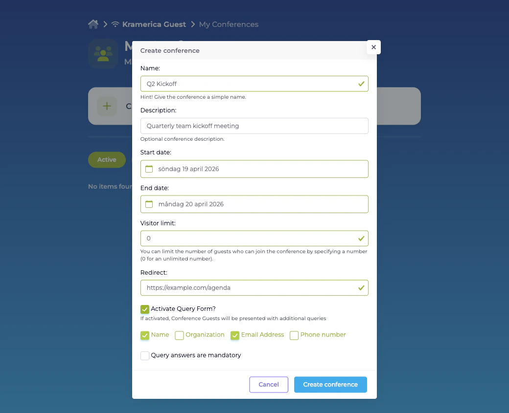 Create conference modal with Name, Description, Start date, End date, Visitor limit, Redirect, and an Activate Query Form section with Name, Organization, Email Address, Phone number checkboxes