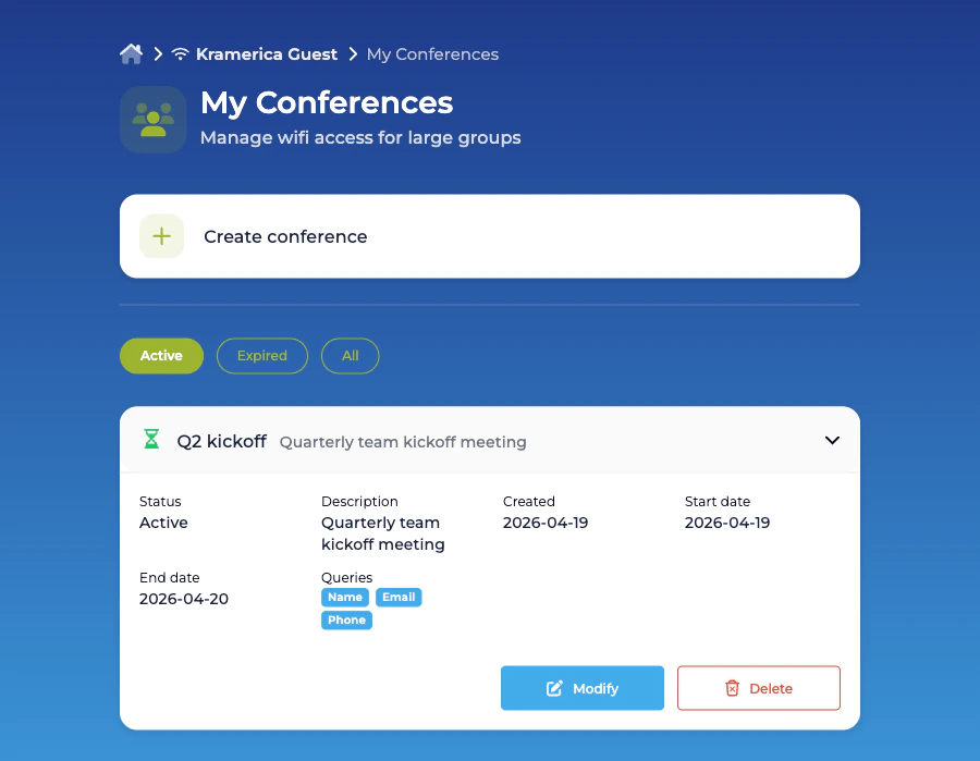 Expanded conference with status Active, query pills for Name, Email, Phone, and Modify and Delete buttons