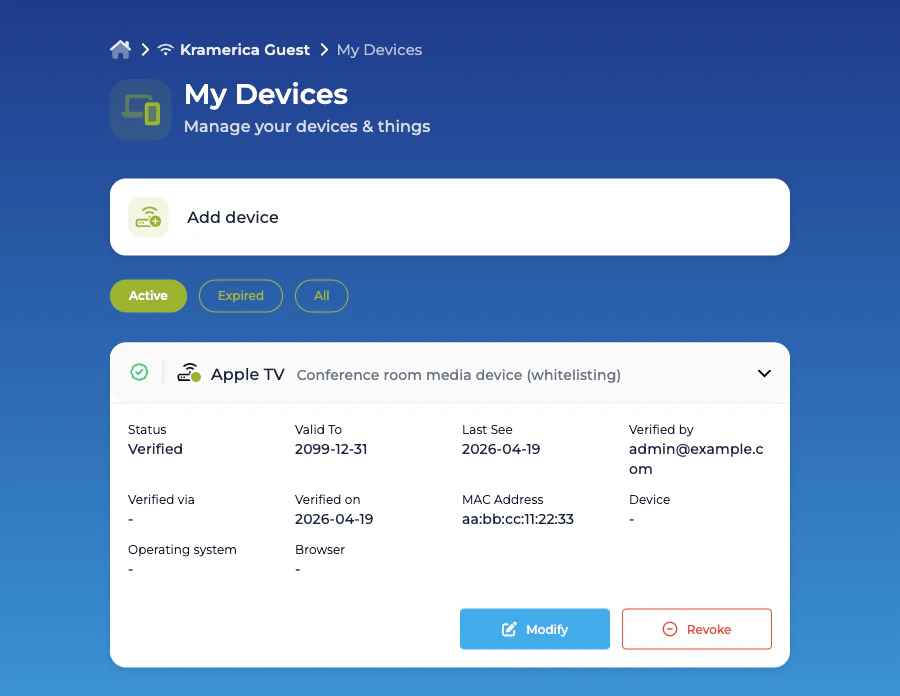 My Devices list with a whitelisting expanded, showing Verified status, MAC address, Modify and Revoke buttons