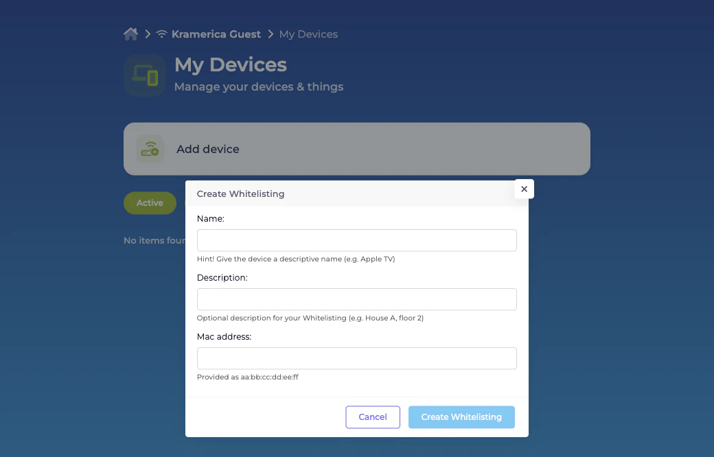 Create Whitelisting modal with Name, Description, and MAC address fields