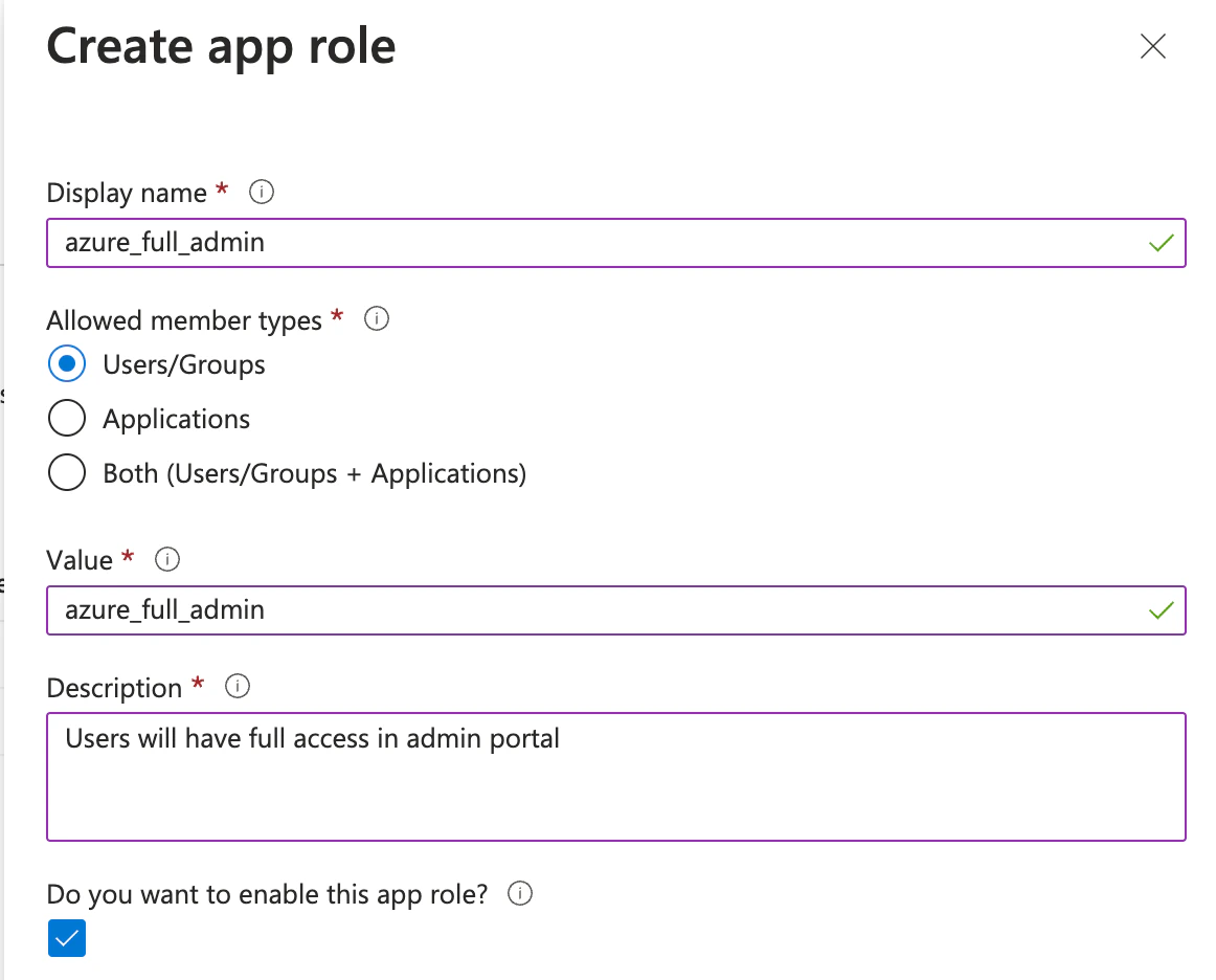 Azure 'Create app role' form with Display name and Value fields