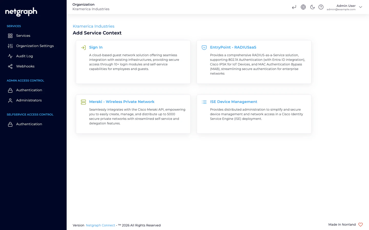 Add Service Context picker showing Sign In, EntryPoint, Meraki - Wireless Private Network, and ISE Device Management cards