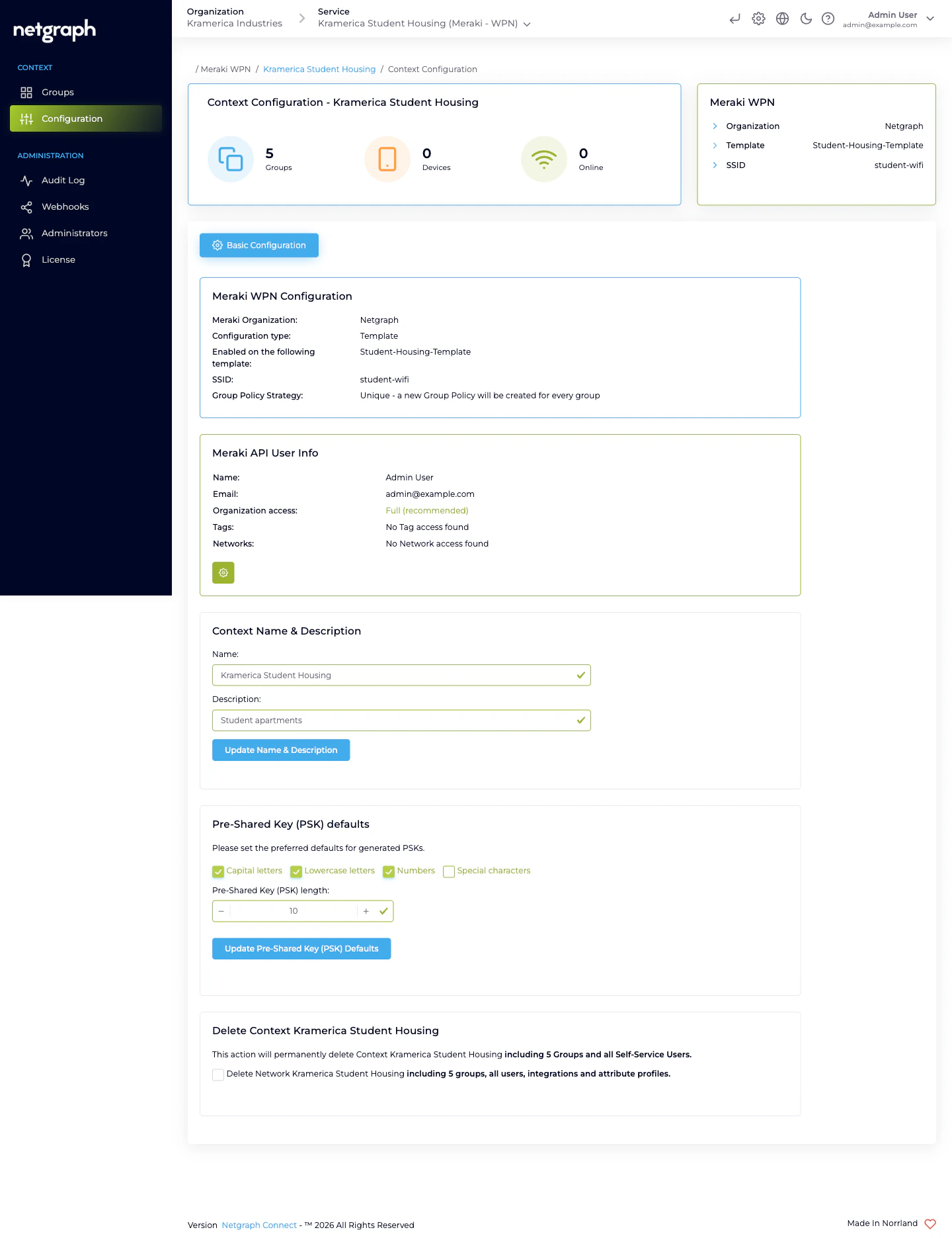 Basic Configuration tab showing Meraki WPN Configuration, Meraki API User Info, Context Name & Description, Pre-Shared Key defaults, and Delete Context sections