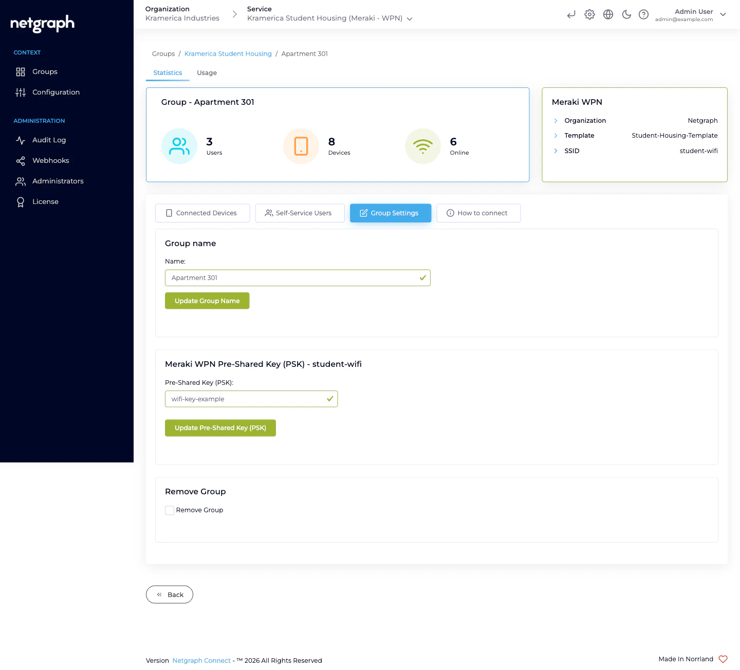 Group Settings tab for Apartment 301 with Group name field set to Apartment 301, Meraki WPN Pre-Shared Key (PSK) section showing the SSID student-wifi and a masked PSK with Update Pre-Shared Key button, and Remove Group section