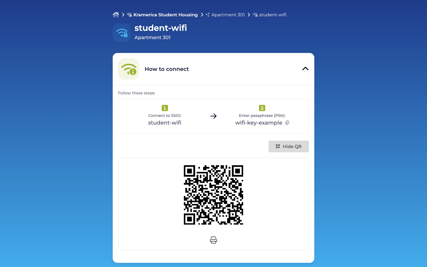 Self-Service portal showing How to connect accordion for Apartment 301 with SSID student-wifi, Pre-Shared Key wifi-key-example, and QR code
