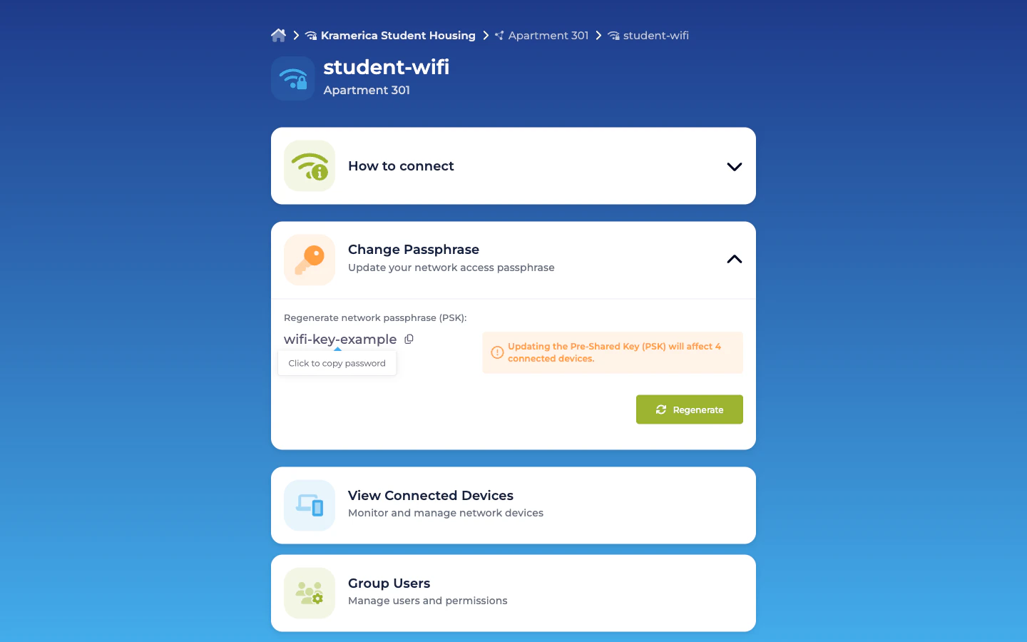 Self-Service portal showing the Apartment 301 WPN detail page with How to connect collapsed, Change Passphrase expanded and showing a masked PSK with Regenerate button and an alert that 4 connected devices will be affected, View Connected Devices card, and Group Users card