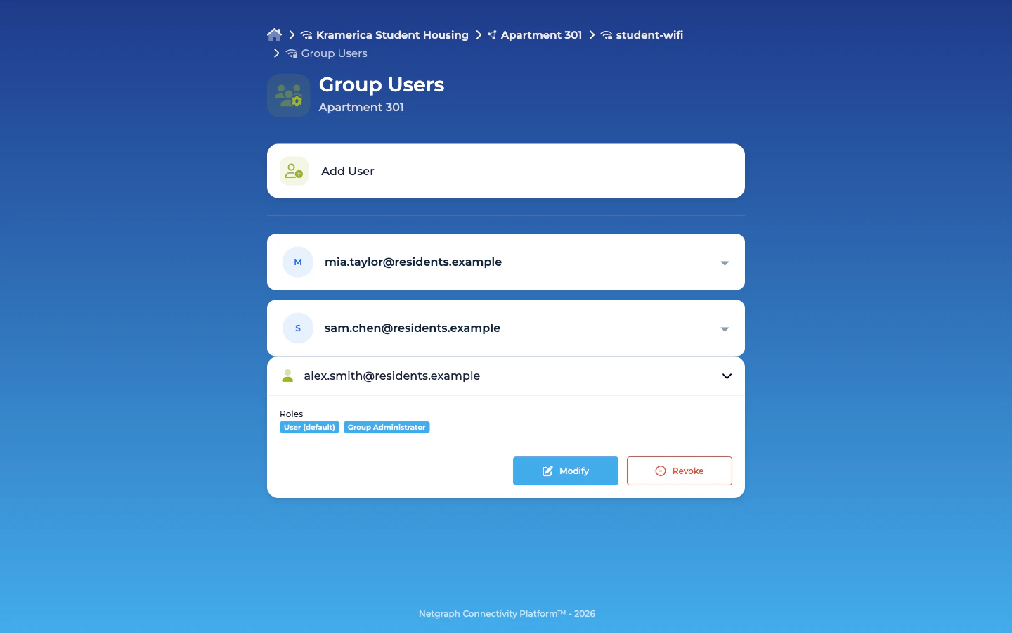 Self-Service portal Group Users page for Apartment 301 with three users listed: mia.taylor@residents.example and sam.chen@residents.example collapsed, alex.smith@residents.example expanded showing roles User (default) and Group Administrator plus Modify and Revoke buttons
