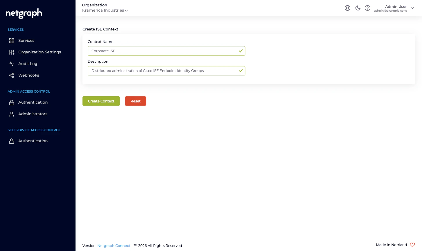 Context creation form with Name and Description fields