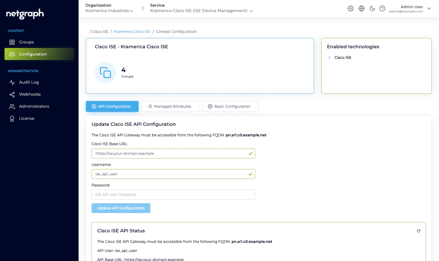 API Configuration tab with Cisco ISE Base URL, Username filled in, Password field blank, and Update API Configuration button
