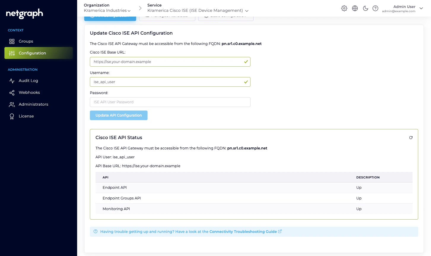 API Configuration tab showing Cisco ISE Base URL, Username, and an API Status table with Endpoint API, Endpoint Groups API, and Monitoring API all Up