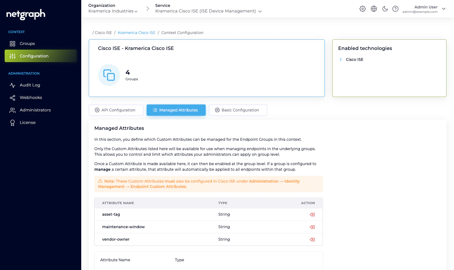 Managed Attributes tab showing vendor-owner, asset-tag and maintenance-window each with type String