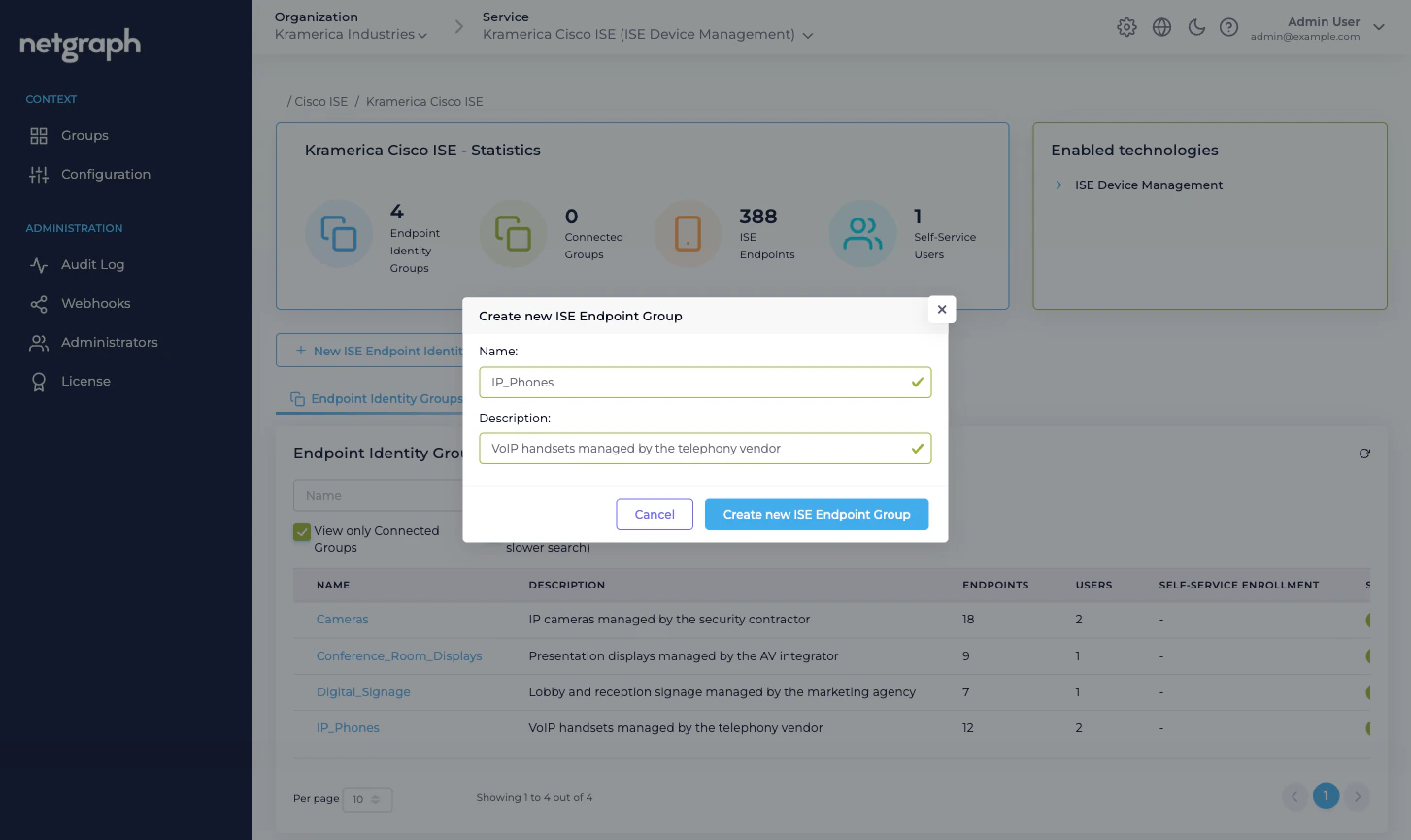 Create new ISE Endpoint Group dialog with Name and Description fields