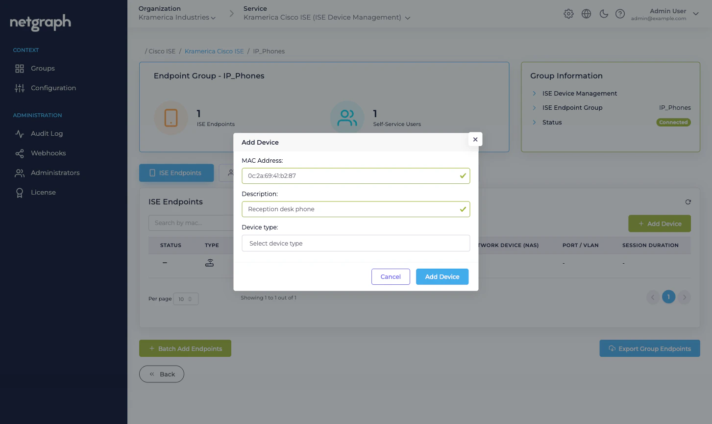Add Device dialog with MAC Address, Description and Device type fields