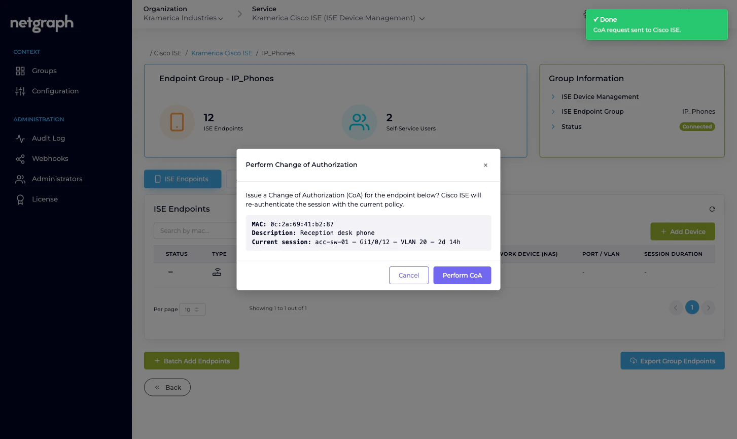 Perform CoA confirmation dialog with Yes/No buttons, followed by a success toast reading Done