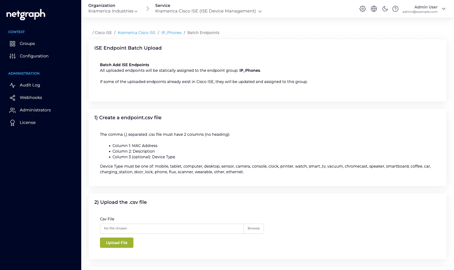 Batch Add Endpoints step 1 showing CSV format explanation with MAC Address, Description, and optional Device Type columns