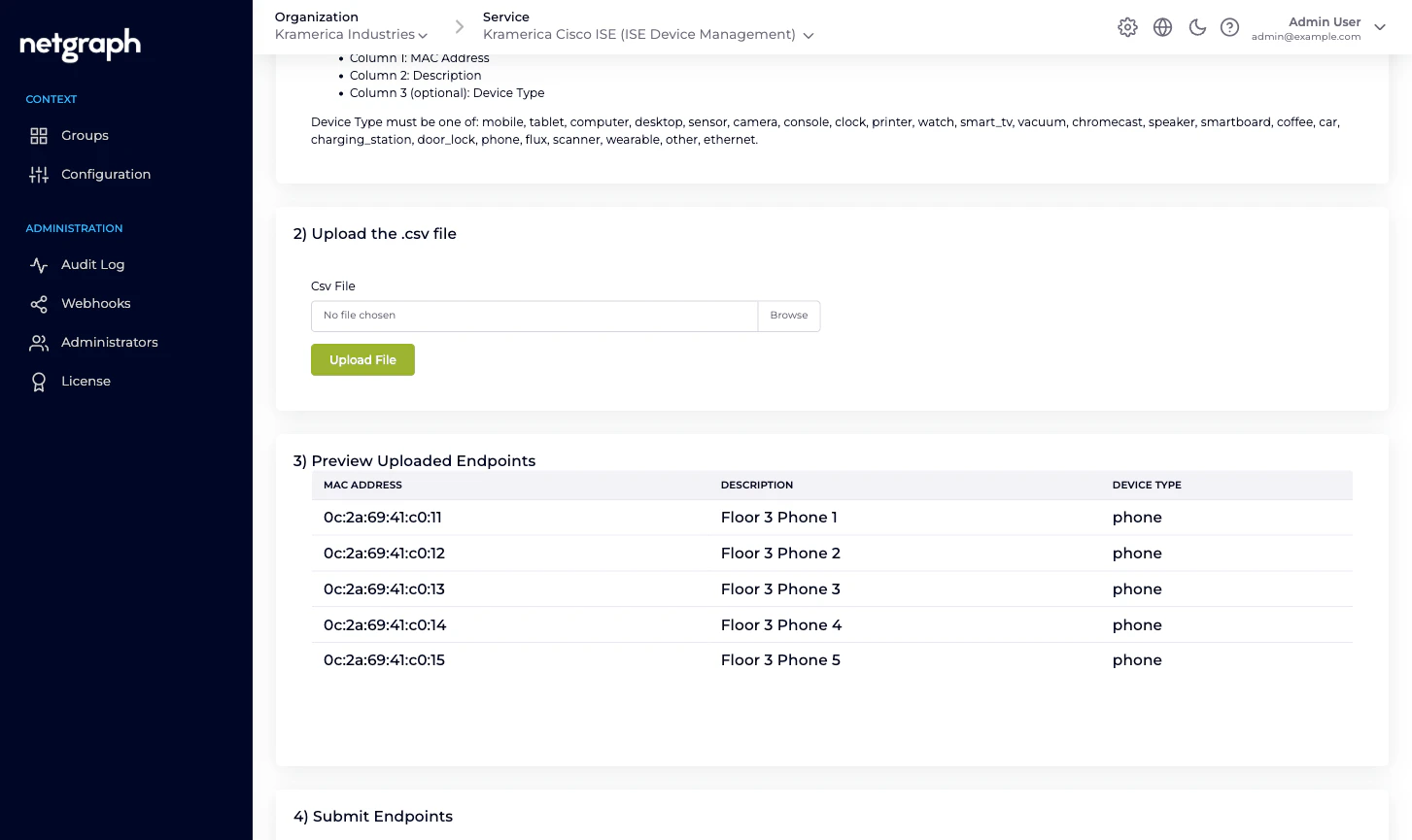 Batch Add Endpoints step 3 showing preview table with parsed rows, validated MAC addresses, descriptions and device types