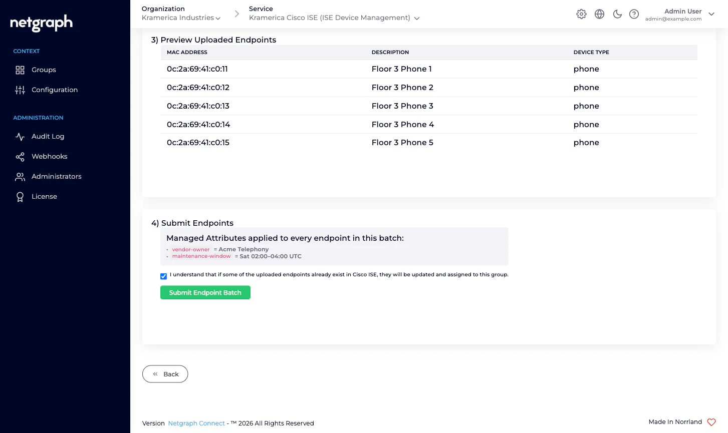 Batch Add Endpoints step 4 with the 'I understand' checkbox and the Submit Endpoint Batch button
