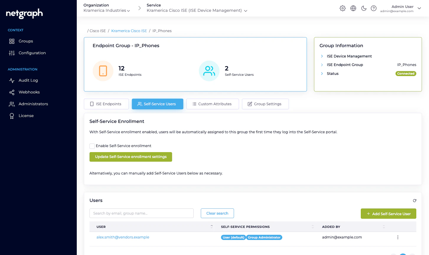 Self-Service Users tab on IP_Phones with two rows: alex.smith@vendors.example with User (default) and Group Administrator pills, devops@vendors.example with User (default) only