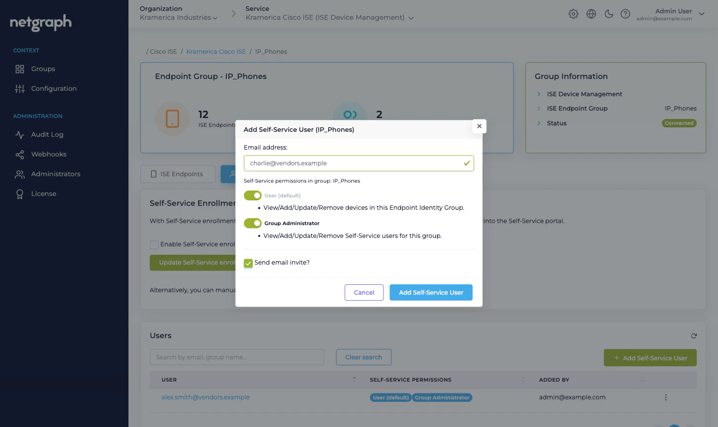 Add Self-Service User dialog with Email address field, User (default) permission pre-checked and disabled, Group Administrator permission checked, Send email invite? checked
