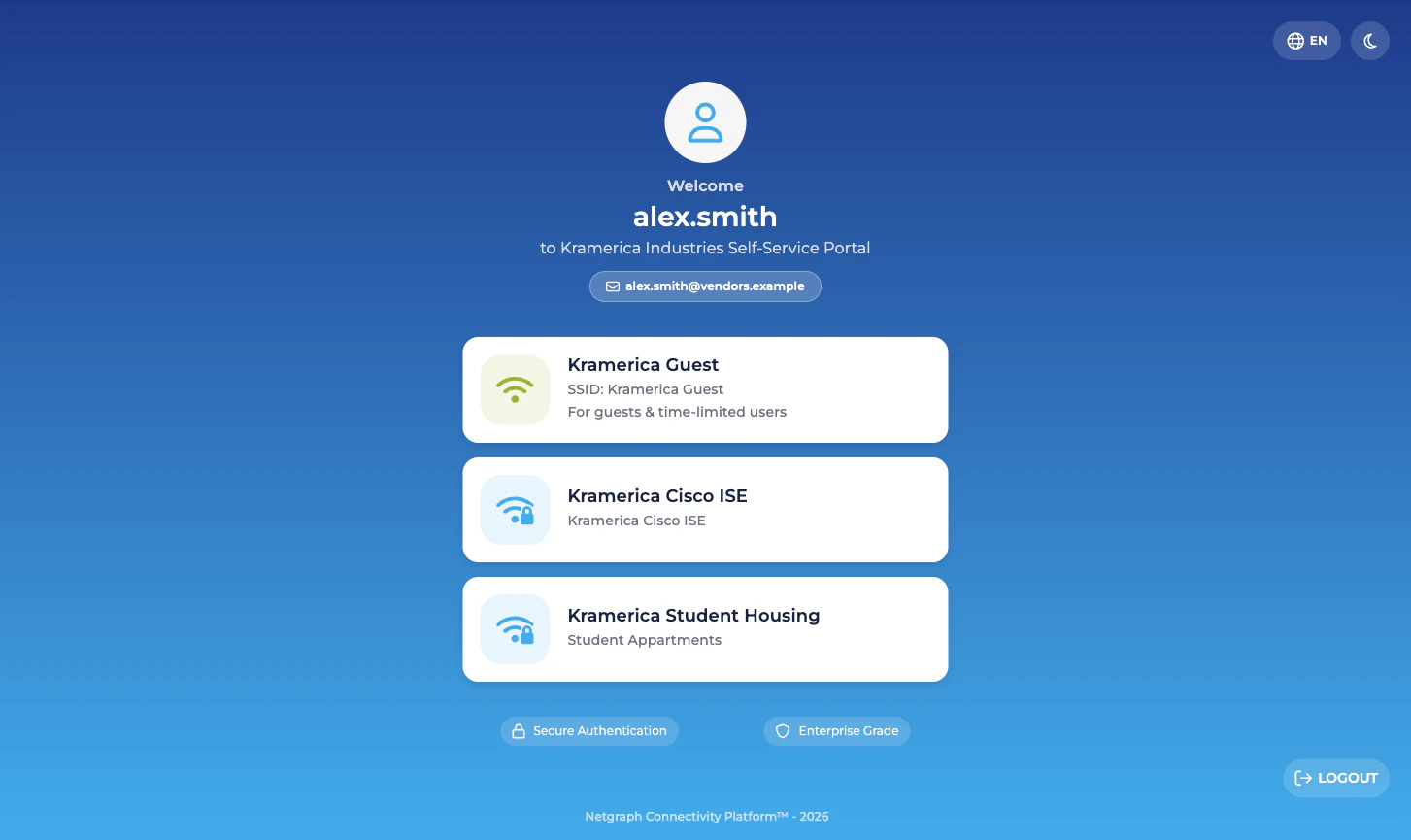 Self-Service portal landing page showing cards for each Context including an ISE Device Management card labelled with the Context name
