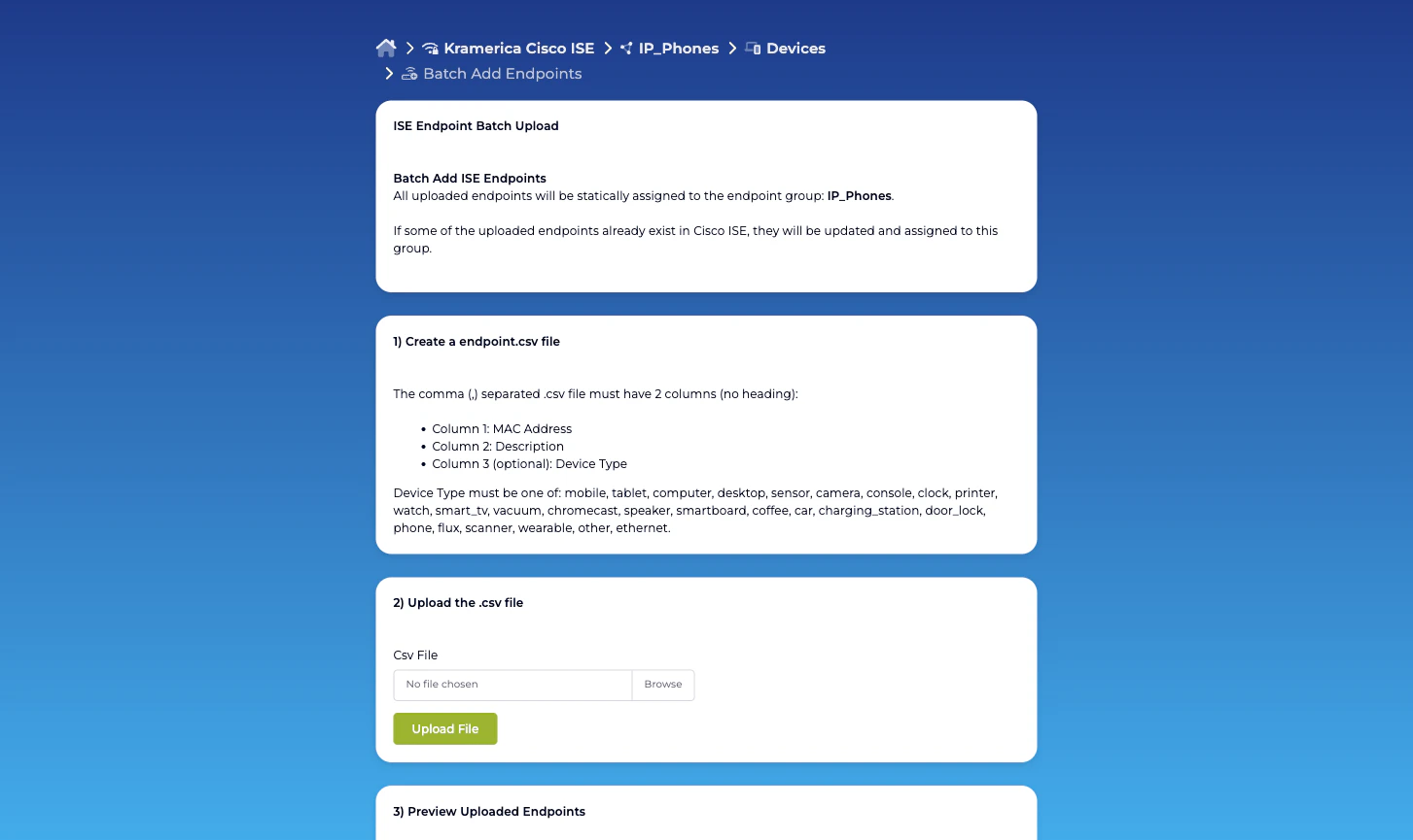 Self-Service portal batch upload wizard with the four-step CSV flow
