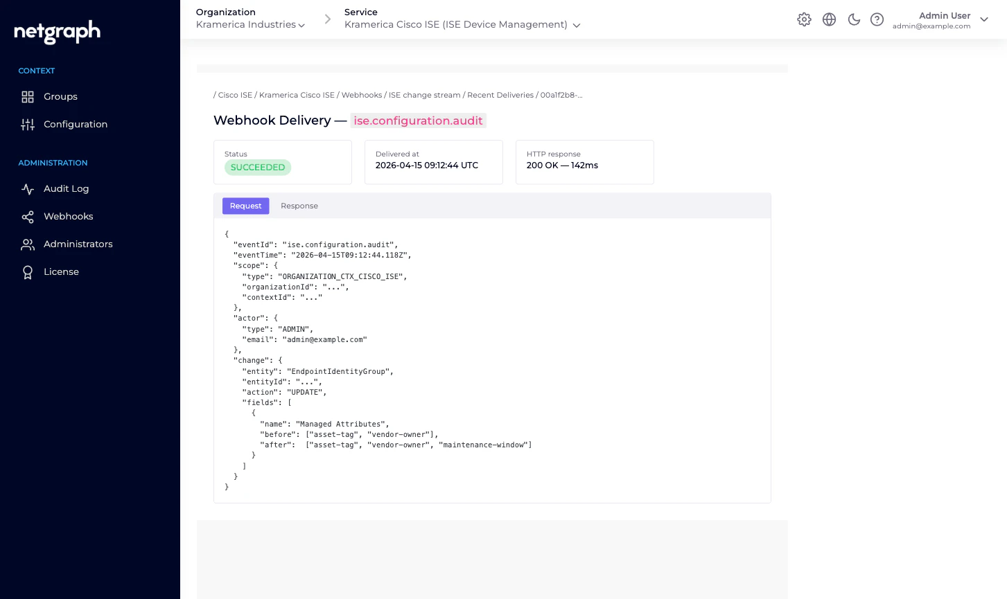 Webhook delivery detail showing a successful ise.configuration.audit event with request and response tabs