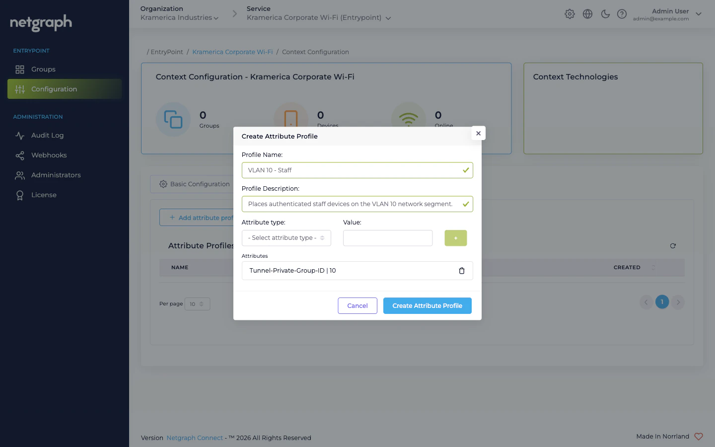 Create Attribute Profile dialog with a Tunnel-Private-Group-ID attribute