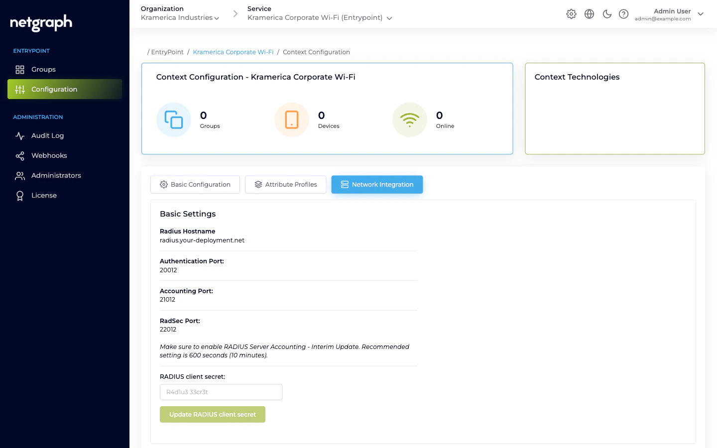 Network Integration tab showing RADIUS hostname, ports, and client secret